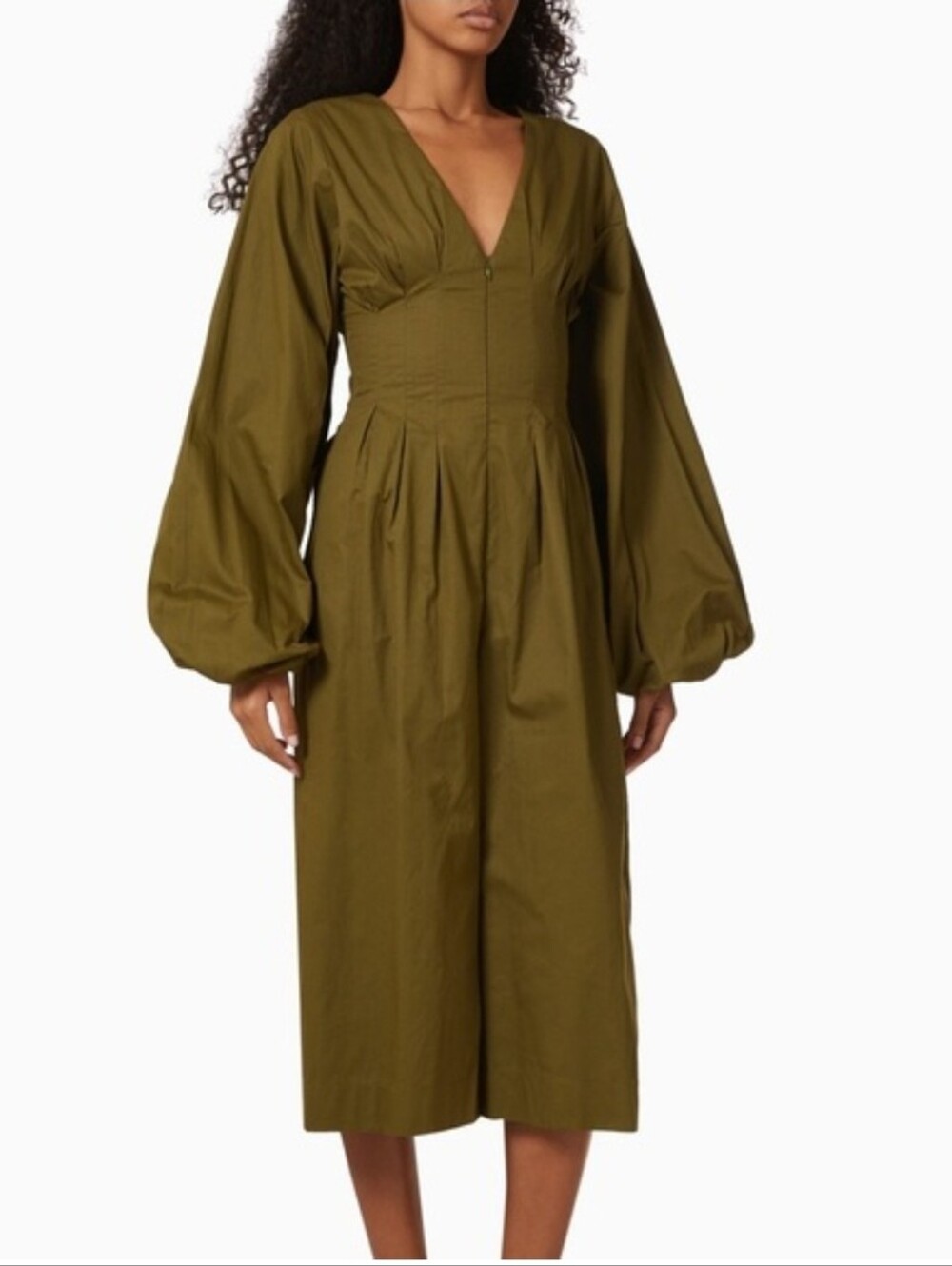 Andrea Iyamah Olive Green Nia Jumpsuit Culotte Balloon Sleeves Boho Cotton L